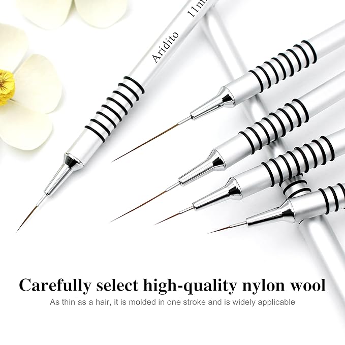 6Pcs Silver Metal Handle Nail Art Liner Brushes Set for Long Lines, Fine Details Painting Gel Nail Brush Drawing Sizes 5/7/9/11/20/25mm