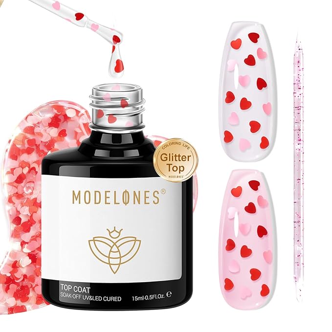 modelones Heart Glitter Gel Top Coat, Valentine's Day 15 ML No Wipe Clear Gel Nail Polish 2 in One Red Pink Color Reflective Hearts Sequins Glossy Shine Long Lasting Soak Off Manicure Gift for Women