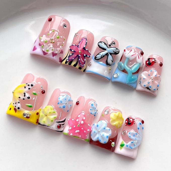 French Tip Press on Nails Handmade Short Duck 3D Flower Thick Acrylic Nails Cute False Nails with Floral Ladybug Butterfly Designs Glossy Fake Nail Sturdy Art Spring Press on Nail 10Pcs(M)
