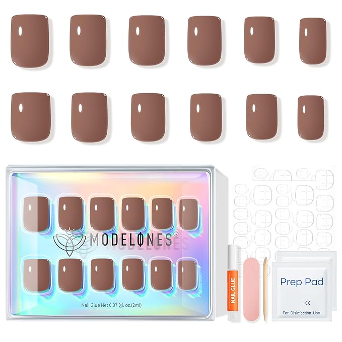 Modelones Mocha Brown Press on Nails, Short Square Fake Nails, Reusable Nail Kit with Nail Glue Adhesive Tabs Mini Nail File, Nails Press Ons 32Pcs16 Sizes, Women Girl Gift