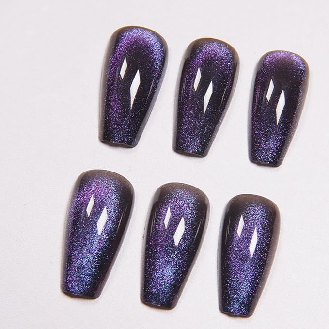 Press On Nails - Midnight Purple | Dark Purple Glitter Velvet Nails, Medium Coffin Squared Press On Nails with Cat Eye Design for Women and Girls, 24 Pcs Reusable Fake Nails
