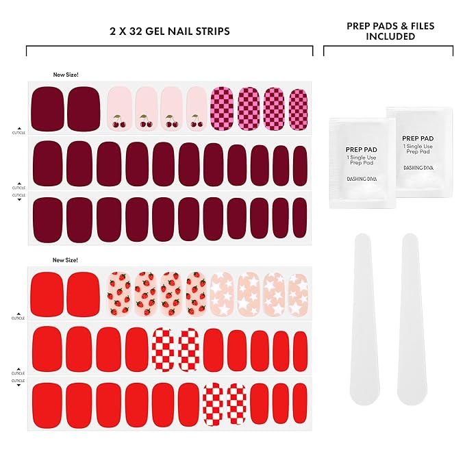 Dashing Diva Gloss Nail Strips Bundle - The Fruit Punch Collection - Cha Cha Cherry & Cuter at the Cape - UV Free, Chip Resistant, Long Lasting Gel Stickers - Contains 2 Sets