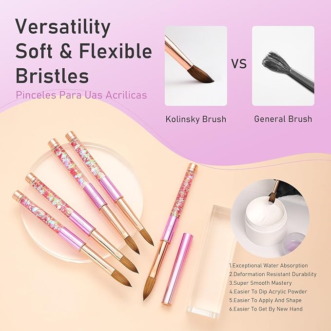 Kolinsky Professional Acrylic Nail Brush Size 10 - 100% for Application, Powder, Art, DIY Home Salon Manicure (Pink)