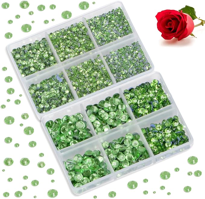 Bymitel Hotfix Crystal Rhinestones Round Gems for Crafts,Mixed 6 Sizes with Wax Pencil Kit, Peridot 1.6-6.3mm SS4-SS30/8000pcs