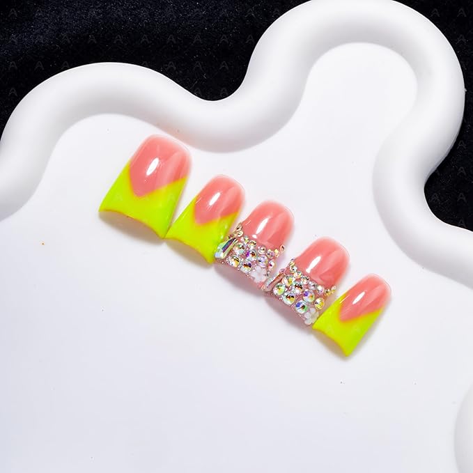 10 Pieces Luxury Y2K Acrylic Press On Nails Short Handmade Duck Nails, Green Thickened French False Nails With Bling Rhinestones, Reusable Fake Nails, Acrylic Nails (L)