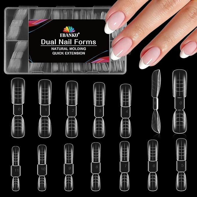 EBANKU 120pcs Dual Nail Forms for Poly Extension Gel, 2 In 1 Reusable Nail Molds, 12 Sizes, Almond & Square, Clear, Glossy Finish
