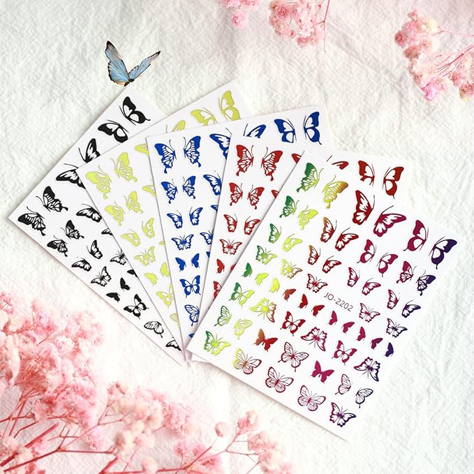 12 Colors Butterfly Nail Art Stickers, 3D Butterfly Self-Adhesive Sticker Design, Laser Gold Silver Red Black White Pink Yellow Green Butterflies Nail Transfer Decals for Women Manicure Decorations
