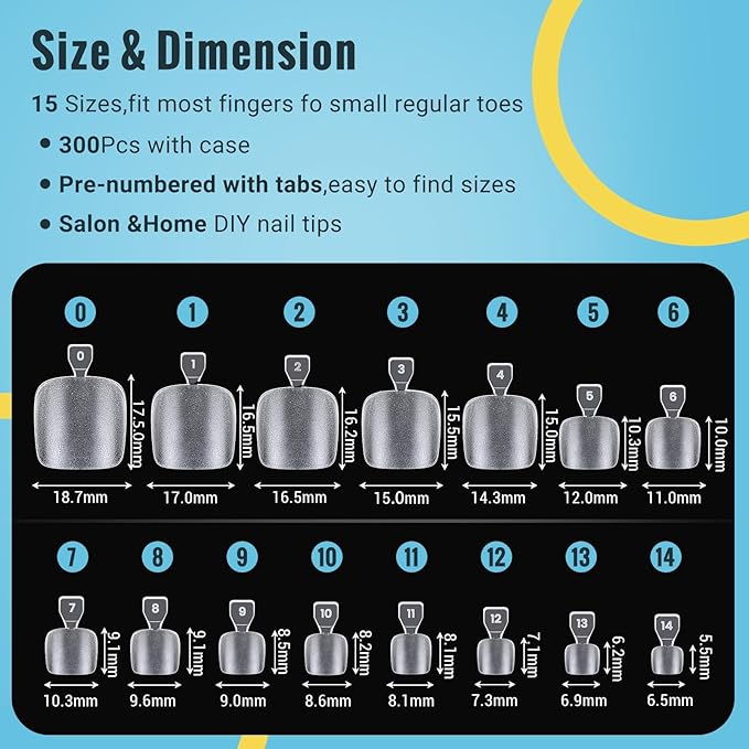 Clear Press on Toenails Short with Nail Glue Kit, SINOKAME Full Cover No File Matte Gel Toe Nail Tips for Regular &Small Toenail Beds Short Lengths, 300 Pcs 15 Inclusive Sizes for up to 10 Pedicures