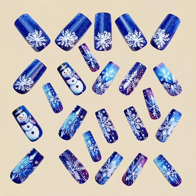 Christmas Press on Nails Medium Square Fake Nails with Snowflake Snowman Designs Blue Xmas False Nail Winter Acrylic Stick on Nail for Women 24 Pcs