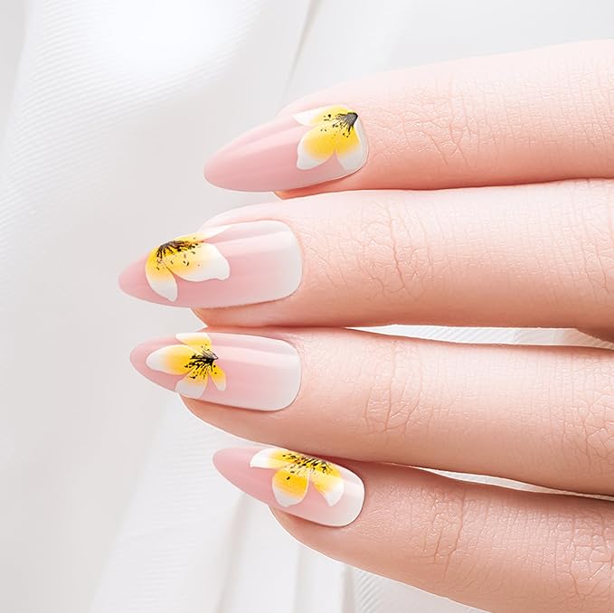 Goldfinger Trendy False Nails Kit, Long Almond Shape Design Nail, Pink & Flower Print, Ready to Wear Gel & Manicure Stick Included, Long-Lasting Convenient & Easy to Apply