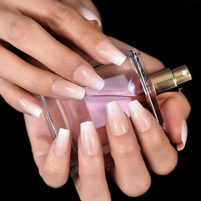 EchiQ Cherry Blossom Pink Gradient Press On Nail Wearable Artificial Acrylic Full Cover Coffin Glossy Nature Fake Nails Reusable Medium Short False Nail Art Tips for Women Girls Gift 24pcs/Set