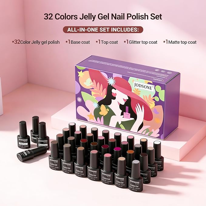 JODSONE Jelly Gel Nail Polish Set, 32 Colors Sheer Pink Gel Polish Set with Base & Top Matte Glitter Coat for Nail Art DIY Salon at Home