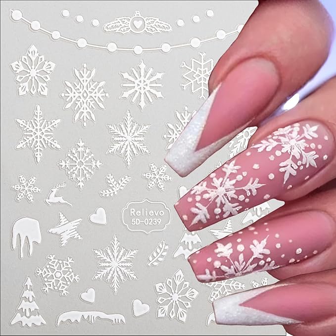 8 Sheets Christmas Nail Art Stickers Decals 5D Embossed Self-Adhesive Pegatinas Uñas Navidad Snowflake Santa Claus Snowman Reindeer Winter Holiday Manicure Decoration Supplies Accessories for Women