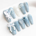 Sun&Beam Nails Handmade Press On Nail Coffin Ballerina 3D Accessories Blue Acrylic Fake Tip Design Art Charms Cute with Storage Box 10 Pcs (008 L)