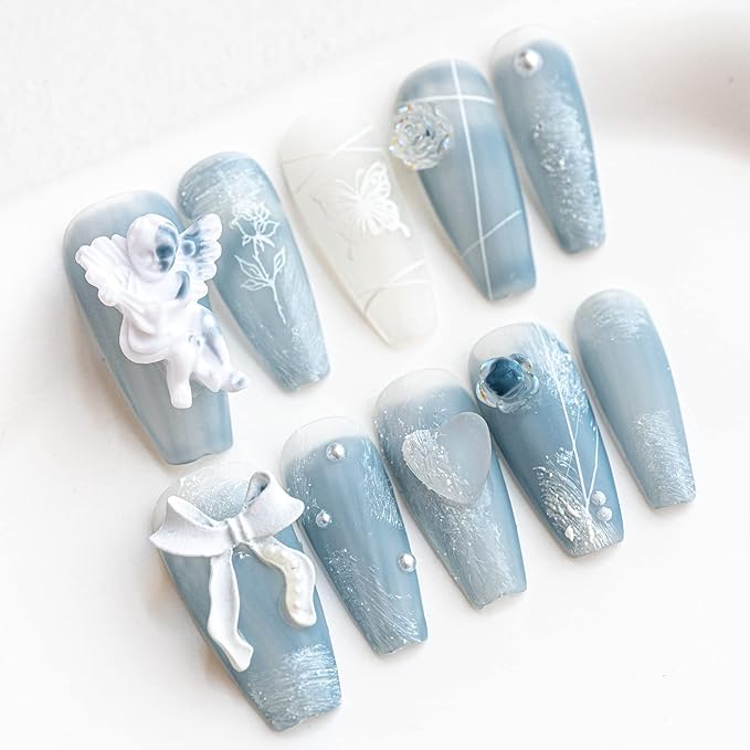 Sun&Beam Nails Handmade Press On Nail Coffin Ballerina 3D Accessories Blue Acrylic Fake Tip Design Art Charms Cute with Storage Box 10 Pcs (008 S)