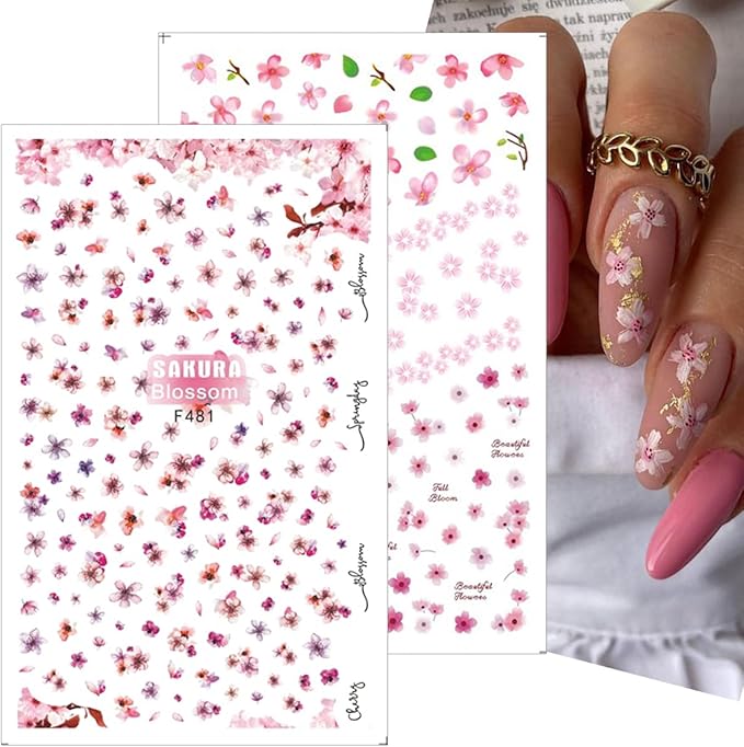 8Pcs Cherry Blossoms Nail Stickers 3D Self Adhesive Pink Flower Nail Art Stickers Spring Summer Peach Blossom Petals Leaves Nail Art Design Nail Decals Floral Nail Supplies for Acrylic Nail Decoration