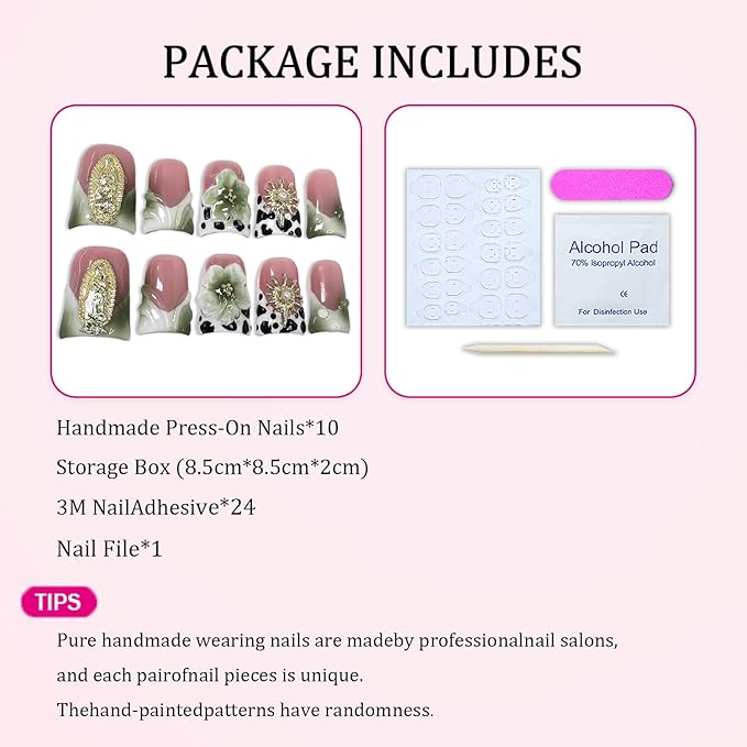 Handmade Press on Nails Short Duck Shaped Fake Nails Green White Gradient Stick on Nail Luxury 3D Flowers False Nails Designs French Tip Thick and Muti-Layer Gel Acrylic Nail for Women（M)