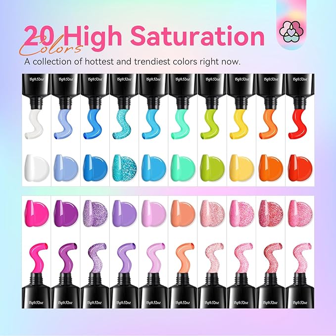 SAVILAND Hema-Free Poly Gel Nail Colors: 20 Colors Nail Extension Gel Kit Bright Rainbow Pink Purple Blue Color Collection Poly Gel Nail Kit for Daily Nail Art DIY Nail Salon Gift for Girls