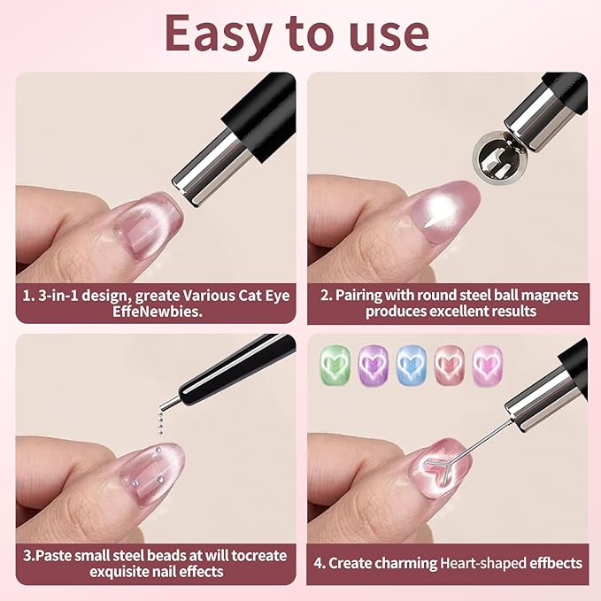 4-Piece Cat Eye Magnet Set – Black Beginner-Friendly Cat Eye Magnet for Nails with Heart Nail Magnets for Nail Art, Magnet for Cat Eye Gel Polish DIY Nail Designs