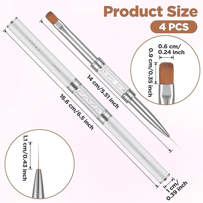 4Pcs Double Ended Nail Builder Gel Brushes, French Tip Brush Hard Gel Brushes, Liner Brush Nails Hard Gels Nail Builder Gels Pen for Salon-Grade Professional Nails Art Design(White)