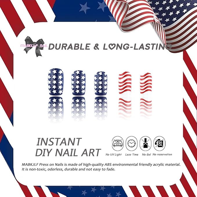4th of July Press on Nails Short Square America Flag Fake Nails Full Cover Striped Stars False Nails with Designs Glossy Glue on Nails USA Acrylic Nails Handmade Acrylic Nails for Women Girls 24Pcs