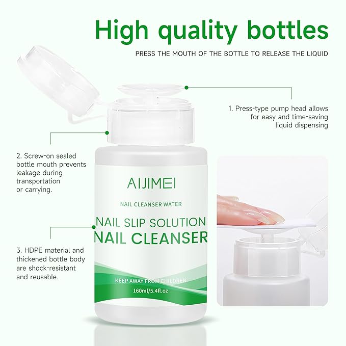 AIJIMEI 2in1 Poly Extension Gel Slip Solution 160ml Pump Bottle Nail Poly Gel Slip Solution For Nail Art Extensions, Nails Gel Cleanser Quick Cleaning Surface Floating Gel Smooth & Glossy Results