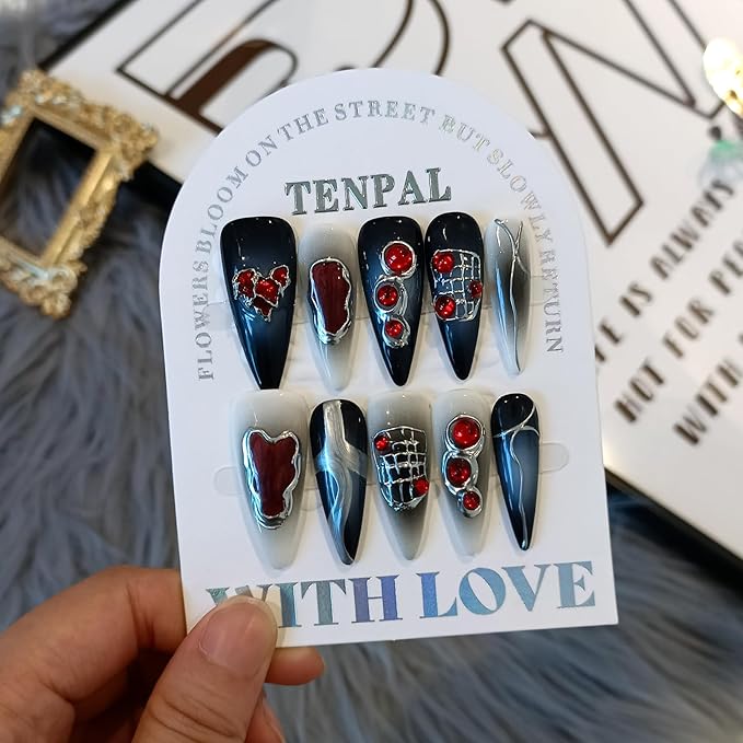Halloween Vampire Nails,Gothic Press On Nails Long Stiletto With Tools,Black Dark Ombre Fake Nails with Red Gems,10Pcs Hand-Painted Glossy Acrylic Glue on Nails for Women Parties Events(XS)