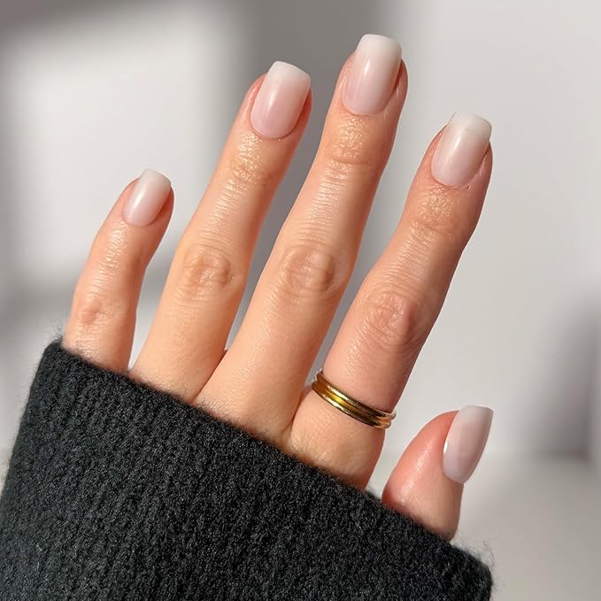 Glamnetic Press On Nails - Clean Cut | Short Squoval White Fake Nails, Salon Quality Milky Nails | 15 Sizes - 30 Nail Kit with Glue