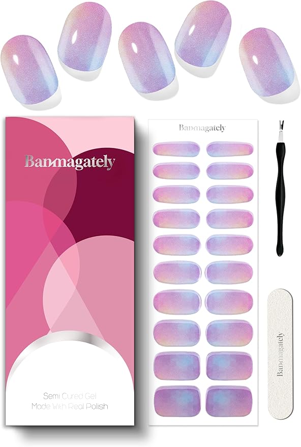 Semi Cured Gel Nail Strips, 20Pcs Long Lasting Salon Quality Wraps, Easy Apply & Remove Gel Nail Stickers with UV Light (Opal Vortex Blue)