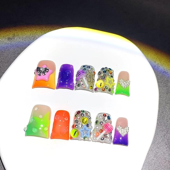Handmade Press on Nails Medium Duck 3D Cute Thick Acrylic Fake Nails Ombre French Tip False Nails with Charms Designs Acrylic Nail Sparkly Reusable Stick on Nail for Women 10Pcs (Size M)