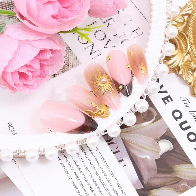 24Pcs Gold French Tip Press on Nails Medium Almond Fake Nails 3D Pearl Sun Star Acrylic Nails Gold Beads Full Cover French Tip False Nails Glossy Chrome Glue on Nails Reusable Stick on Nails for Women
