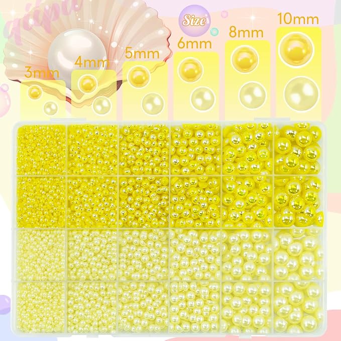 2 Styles Lemon Yellow Flatback Pearls for Bedazzling Crafting 3mm-10mm Half Round Pearls Beads Gems Bedazzler Kit Charms for Nails Face Eyes Makeup Tumblers Bottles DIY Crafts Shoes Beauty Deco