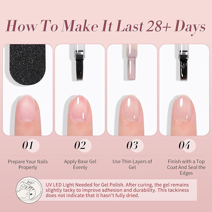 Born Pretty Milky White Jelly Nude Pink Gel Nail Polish Valentine's Day Translucent Natural Sheer Pink Soak Off U v Light Cure Gel Polish Kit for Salon and Nail Art DIY at Home 6Colors