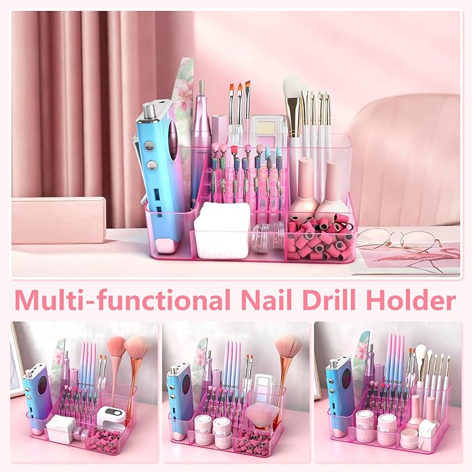 Nail Drill Holder & 28 Holes Nail Drill Bits Holder, Transparent Acrylic Nail Drill Machine Storage Box, Professional Nail Drill Organizer Case for Manicure tools (Pink)