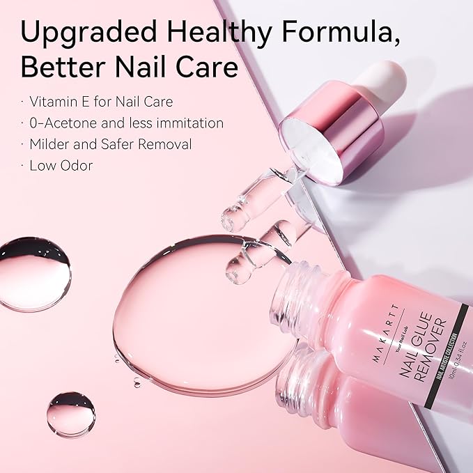 Makartt Hema-Free Nail Glue Remover for Press on Nails, Quick Debonder with 5 wooden sticks, Easy with a Dropper, Updated Formula with Vitamin E, Acetone-free for Fake Nails,Semicure Stickers 10 ml