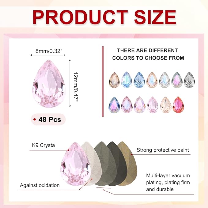 MECCANIXITY 48 Pcs 3D Teardrop Rhinestones Diamond Nail Charm Crystal Pointback K9 Glass Rhinestones Crystal Gems for Jewelry Making, Craft, 8x12mm, Pink
