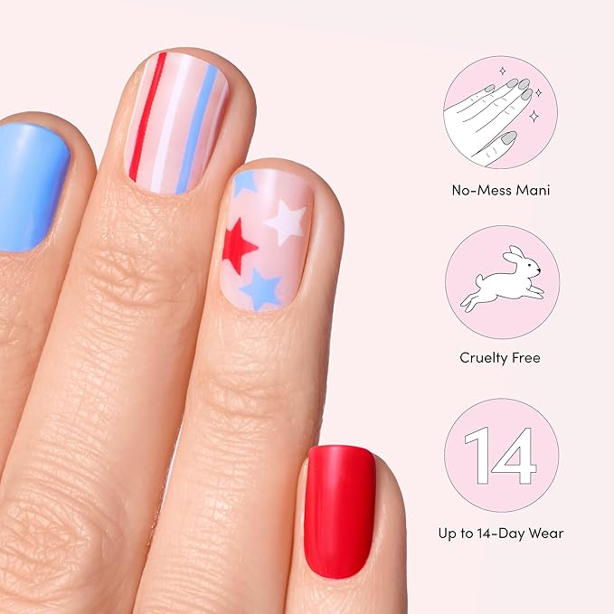 Dashing Diva Patriotic Gloss Nail Strips - Blue Jean Baby - UV Free, Chip Resistant, Long Lasting Gel Nail Stickers - 3-Piece Manicure Set - Contains 32 Wraps, 1 Prep Pad, 1 File