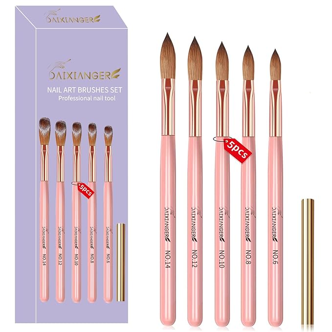 5Pcs Acrylic Nail Art Brush Set -Size 6/8/10/12/14, Rose Gold Handle Nail Brushes for Acrylic Application Powder & Nail Extension, 3D Nail Carving Tools for DIY Home Salon Manicure