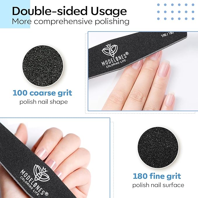 Modelones Cuticle Remover Kit Nail Files and Nail Buffers Blocks 4 PCS, Double Side Trimed & Shaped Emery Board 100/150/180 Grits 600/3000 Nail Shine Polishing Stick Black