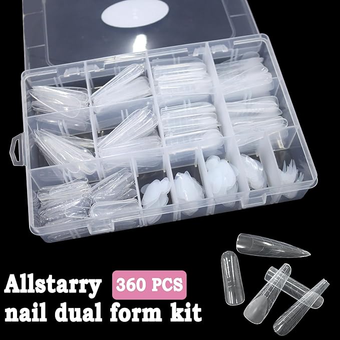 Allstarry 360pcs Nail Dual Forms, Silicone French Nail Forms for Poly Gel Nail Gel Extension Full Cover Acrylic Nail Tips 5 tpye nail form and Silicone Reusable Stickers for Nail Art Design