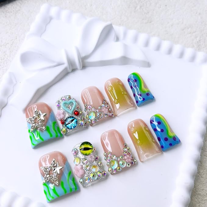 10 Pcs Handmade Duck Press on Nails Short Design 3D Stars Colorful Fake Nails Full Cover Thick French Tip False Nails with Rhinestone Acrylic Reusable Stick on Nails for Women DIY Decoration（Size M）