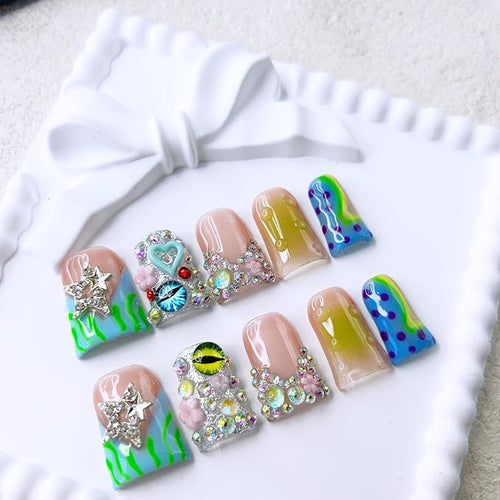 10 Pcs Handmade Duck Press on Nails Short Design 3D Stars Colorful Fake Nails Full Cover Thick French Tip False Nails with Rhinestone Acrylic Reusable Stick on Nails for Women DIY Decoration（Size M）