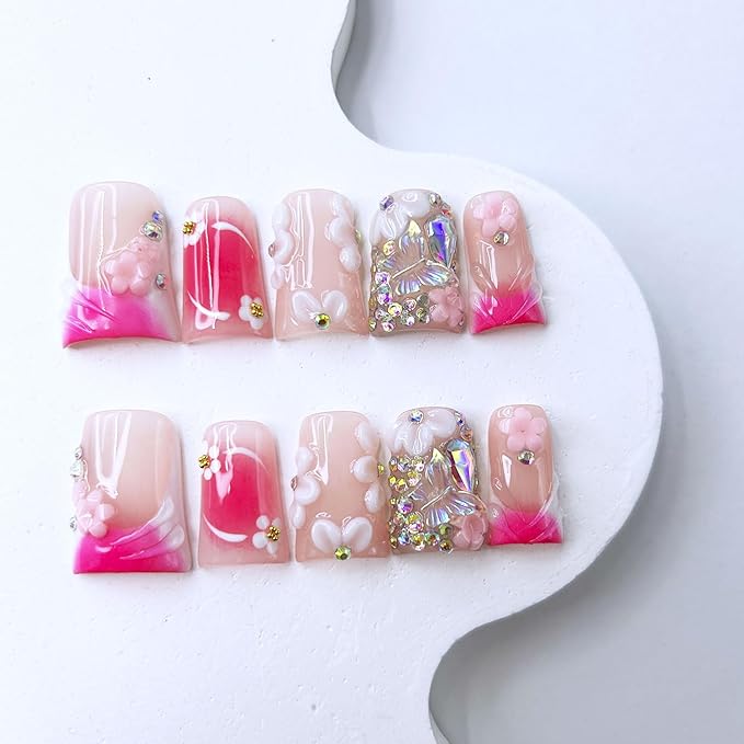 10 Pcs Handmade Press on Nails Medium Duck Fake Nails with Glue,Butterfly Rhinestone Rose Pink False Nails with 3D Flower Designs Thick Acrylic Reusable Stick on Nails for Women Girls（Size M）