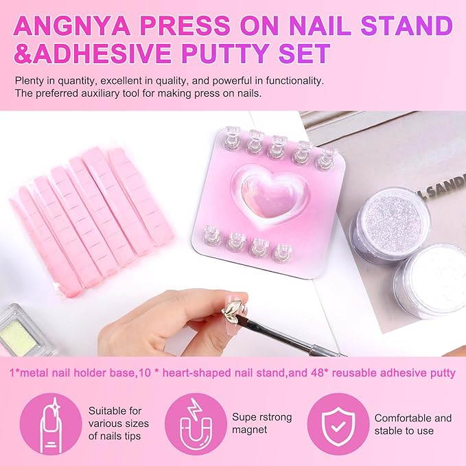 ANGNYA Nail Stand for Press Ons, Fake Nail Holder for Painting Nails, Super Magnetic Base for Painting Display Holder with Reusable Adhesive Putty for Home DIY Salon Supplies