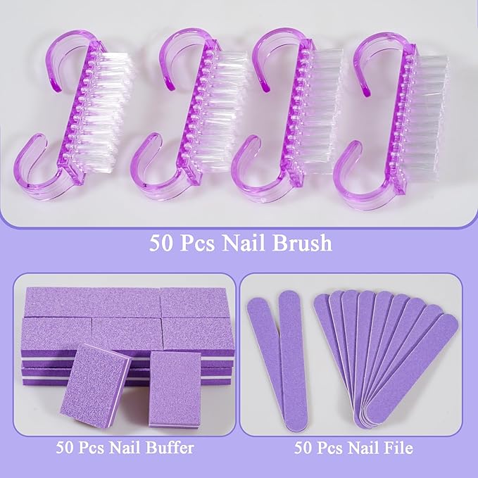 Disposable Manicure Kit Professional, 18 Set Press On Nail Tool Kit with Nail File, Nail Buffer, Nail Buffer Block, Nail Handle Brush, Wood Stick, Packaging Bag (Purple-50pcs)
