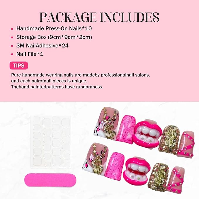 Short Press on Nails Duck Luxury Handmade Fake Nails French Tip False Nails 5D Charms and Rhinestone Design 100% Handmade Rose Pink Full Cover Stick on Nail for Women (Size M)