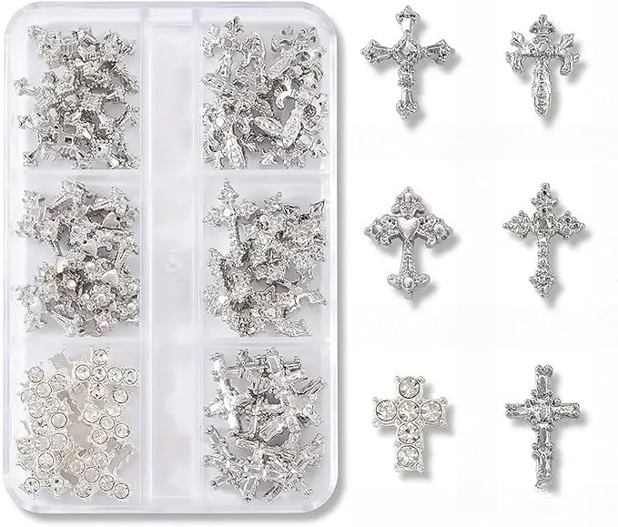 3D Cross Nail Charms for Nail Art, 60 Pcs Metal Crystal Cross Nail Decorations, Alloy Nail Studs and Rhinestones for Women Girl DIY Jewelry Crafts Supplies (Silver)