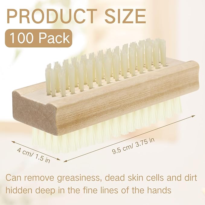 Patelai 100 Pack Wooden Nail Brush Bulk Two-sided Hand Fingernail Brush Non-slip Wood Heavy Duty Stiff Nail Scrubber for Nails and Toes Cleaning, Hand Scrub Brushes for Travel