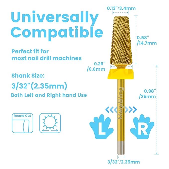 6.6mm Large Tapered Barrel 5-in-1 Nail Drill Bit, 3/32" Safety Cross-Cut Tungsten Carbide Efile Bit for Fast Gel & Acrylic Removal, Two-Way Rotation, Professional Nail Tech & Beginner Bit, Extra Fine
