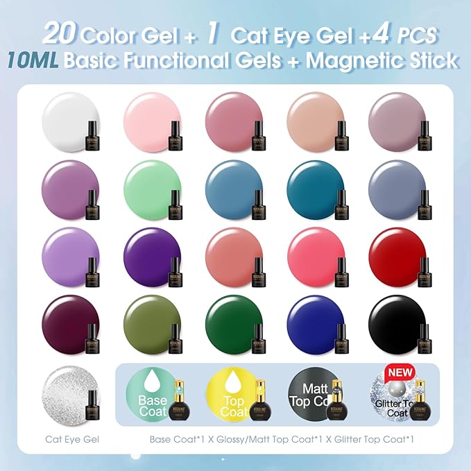 ROSALIND 25pcs Gel Nail Polish Set 21 colors gel polish Burgundy Purple Nude Silver Cat Eye with 10mL 4pcs Base & Top Coat, Soak Off U v DIY Salon Nail Gel Gift for Women